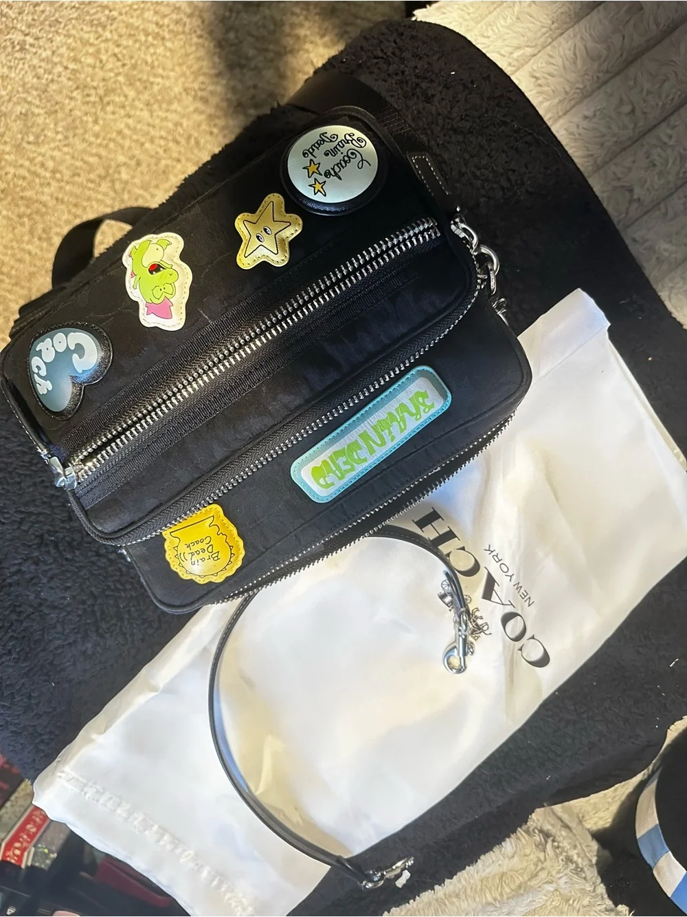Coach Black Patchwork Wristlet Shoulder Bag with Colorful Badge Accents